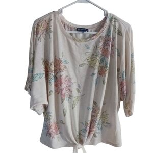 Democracy Cream Light Knit Floral Front Tie Dolman Sleeve Top